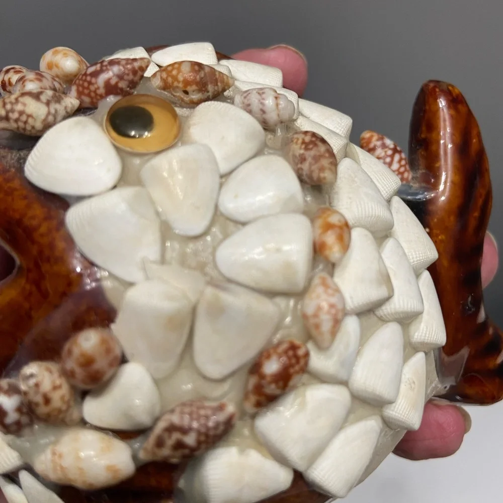 FOLK ART Wide Mouthed Shell Covered Whale Fish Ceramic Ashtray Boho Hippie Artsy